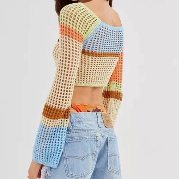 Urban Outfitters Chloe Cropped Open-knit Sweater Y2K Color Block Crochet | M - Picture 2 of 9